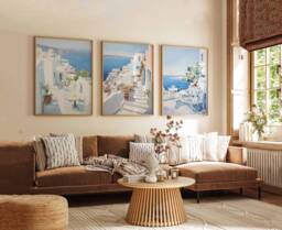 Set Of 3 Santorini Greece Travel Posters, Greek Island Art Prints, Print, Mediterranean Wall Art, Poster Decor - thumbnail 1