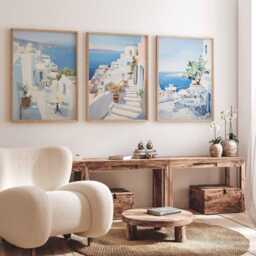 Set Of 3 Santorini Greece Travel Posters, Greek Island Art Prints, Print, Mediterranean Wall Art, Poster Decor - thumbnail 2