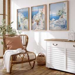Set Of 3 Santorini Greece Travel Posters, Greek Island Art Prints, Print, Mediterranean Wall Art, Poster Decor - thumbnail 3