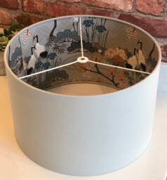 Grey Linen Lampshade Vintage Japanese Crane & Cherry Blossom Lining 40cm D X 23cm H Ceiling Or Us/Finial Lamp