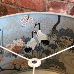 Grey Linen Lampshade Vintage Japanese Crane & Cherry Blossom Lining 40cm D X 23cm H Ceiling Or Us/Finial Lamp - thumbnail 3