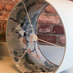 Grey Linen Lampshade Vintage Japanese Crane & Cherry Blossom Lining 40cm D X 23cm H Ceiling Or Us/Finial Lamp - thumbnail 2