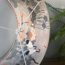 Grey Linen Lampshade Vintage Japanese Crane & Cherry Blossom Lining 40cm D X 23cm H Ceiling Or Us/Finial Lamp - thumbnail 4