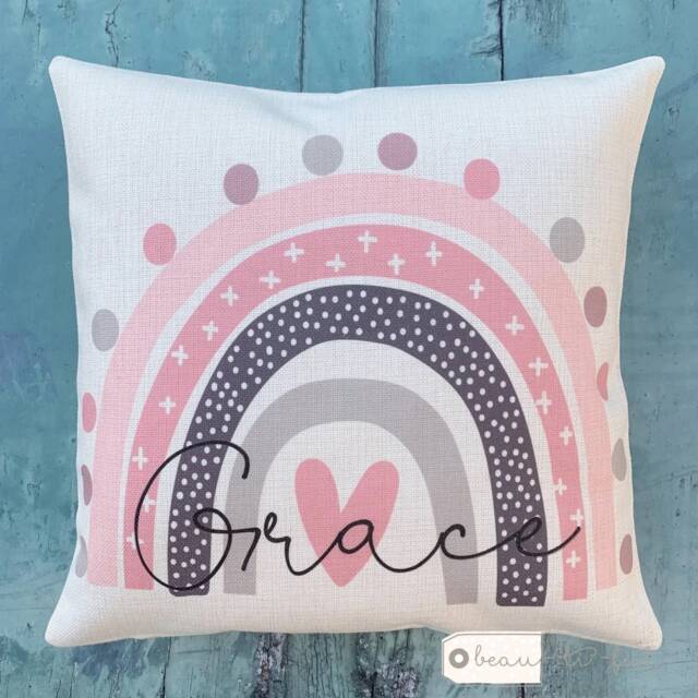 Personalised Name Lilac Pink Pastel Rainbow Design Home Quote Boho Linen Style Cushion Cover