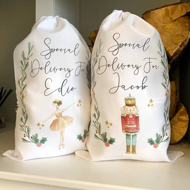 Personalised Christmas Sack, Stocking & Mug Set, Nutcracker Or Fairy Design, Matching Family Gifts, Linen Santa Sack With Name - image 1