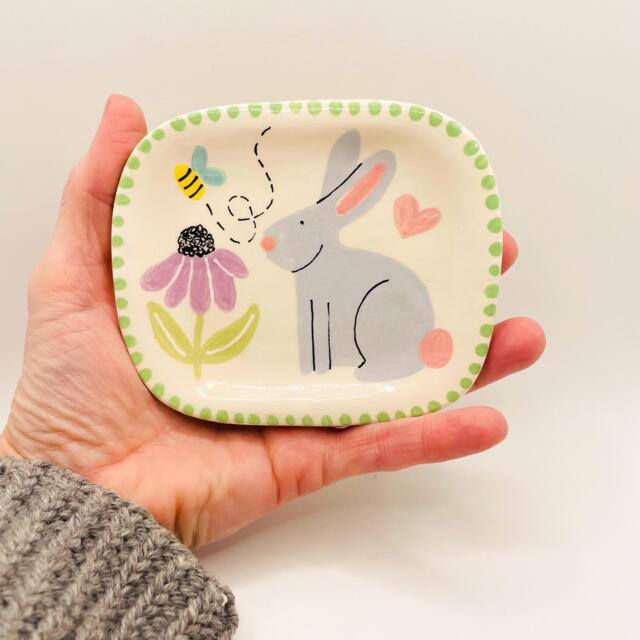 Handmade Ceramic Soap Dish Hand-Painted Bunny Rabbit, Bathroom Accessory, Home Decor, Handcrafted Pottery - image 1