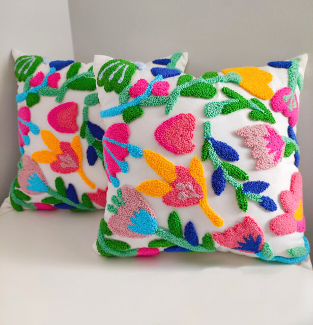 Handmade Punch Needle Pillow Cover, Floral Embroidered Cushion - image 1
