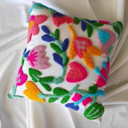 Handmade Punch Needle Pillow Cover, Floral Embroidered Cushion - thumbnail 2