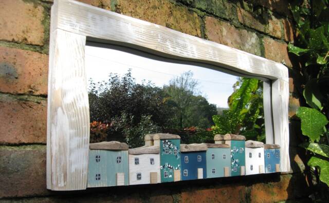 Handmade Driftwood Cottage Mirror Distressed Cloud White Framework Ocean Blue & Sea Green Coastal Wall Art - Unique Welsh Eco Friendly Gift