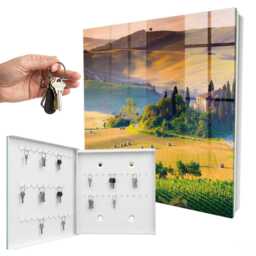 Tuscan Idyll Wall Mounted Key Cabinet, Yellow Industrial Box, Photographic Landscapes, For Lovers Of Nature & Peace - thumbnail 2