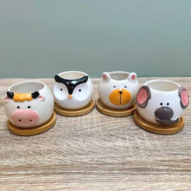 Ceramic Round Animal Succulent Planters With Bamboo Coaster/Small Desktop Plant Pot Indoor Office Home Decor Cute Gift - image 1