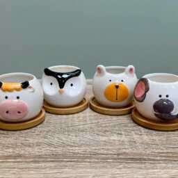 Ceramic Round Animal Succulent Planters With Bamboo Coaster/Small Desktop Plant Pot Indoor Office Home Decor Cute Gift - thumbnail 2