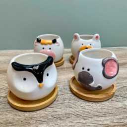 Ceramic Round Animal Succulent Planters With Bamboo Coaster/Small Desktop Plant Pot Indoor Office Home Decor Cute Gift - thumbnail 3