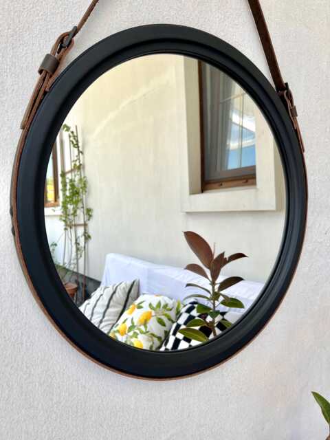 Large Black Wood Mirror With Leather Strap, Stylish Round Hanging Wall For Bathroom, Living Room, Bedroom & Modern Elegant Home Decor - image 1