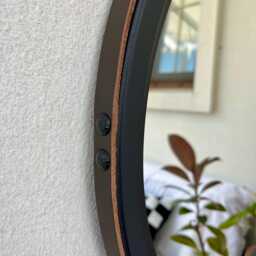 Large Black Wood Mirror With Leather Strap, Stylish Round Hanging Wall For Bathroom, Living Room, Bedroom & Modern Elegant Home Decor - thumbnail 3