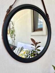 Large Black Wood Mirror With Leather Strap, Stylish Round Hanging Wall For Bathroom, Living Room, Bedroom & Modern Elegant Home Decor