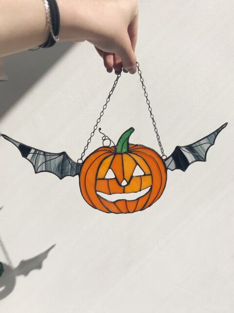 Halloween Pumpkin Suncatcher Stain Glass Bat Wings Orange Picture Home Decor Window Wall Hangings Cling Gift - image 1
