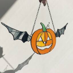 Halloween Pumpkin Suncatcher Stain Glass Bat Wings Orange Picture Home Decor Window Wall Hangings Cling Gift - thumbnail 3