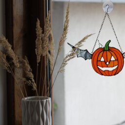 Halloween Pumpkin Suncatcher Stain Glass Bat Wings Orange Picture Home Decor Window Wall Hangings Cling Gift - thumbnail 2