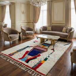Authentic Handmade Moroccan Rug - Cream & Colorful Abstract Geometric Berber Funky Boho Wool Area - thumbnail 2