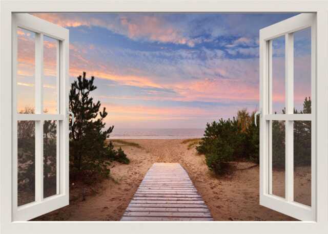 Sea Shore Wall Decal, Walkway To The Beach 3D Window Nature Frame, View Home Sunset Mural