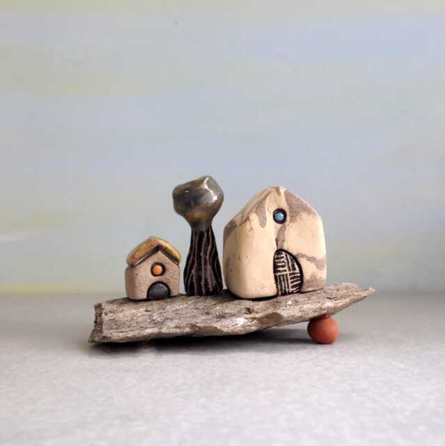 Miniature Ceramic House Sculpture, Beach Cottage Art, Mediterranean Decor - image 1