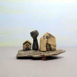 Miniature Ceramic House Sculpture, Beach Cottage Art, Mediterranean Decor - thumbnail 2