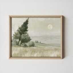 Cypress Tree Poster, Moon Landscape Print, Neutral Wall Art, Paper - thumbnail 3