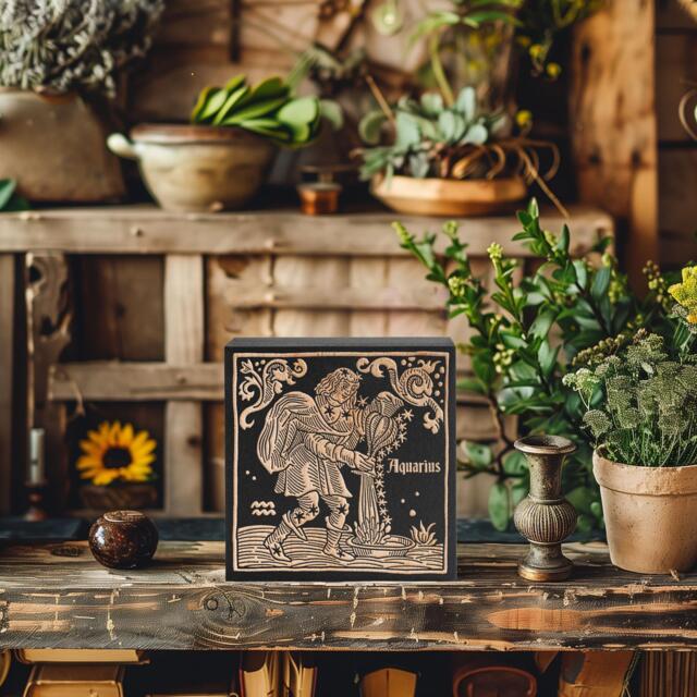 Aquarius Zodiac Engraved Birch Wood Panel - Block Print Style Wall Art, Astrology Sign Illustration, Astrological Decor Gift - image 1
