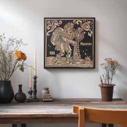 Aquarius Zodiac Engraved Birch Wood Panel - Block Print Style Wall Art, Astrology Sign Illustration, Astrological Decor Gift - thumbnail 2