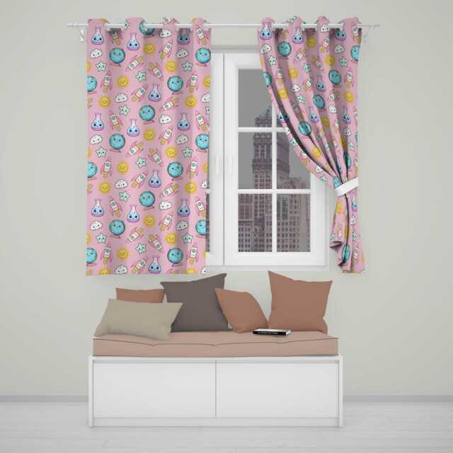 Cute Kawaii Space Rockets Planets Globes Suns Stars Pink Seamless Pattern Readymade Eyelet Ring Top Thermal 100% Blackout Curtains - image 1