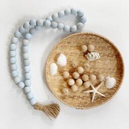 Pale Blue Wood Bead Garland Coastal Farmhouse Tassel Wall Decor - thumbnail 1
