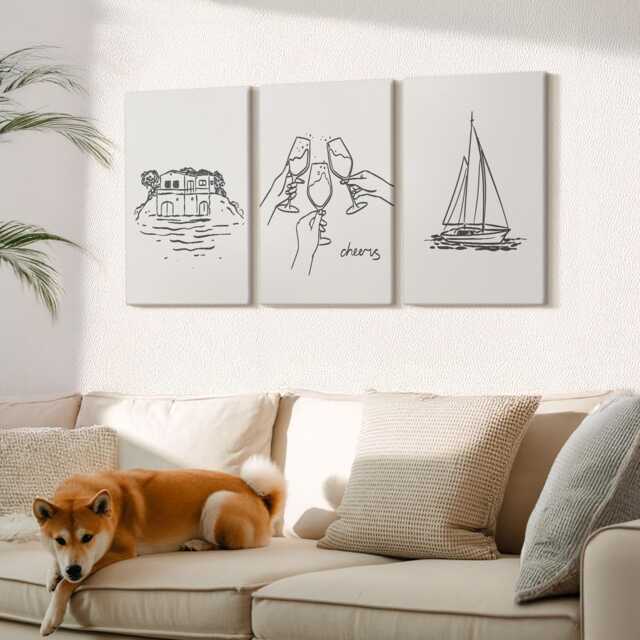 Canvas Set Of 3 Wall Art - Views The House By Water, Toast With Glasses, Sailboat, Creamy Canvas, Travels Hanging Piece - image 1