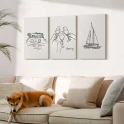 Canvas Set Of 3 Wall Art - Views The House By Water, Toast With Glasses, Sailboat, Creamy Canvas, Travels Hanging Piece
