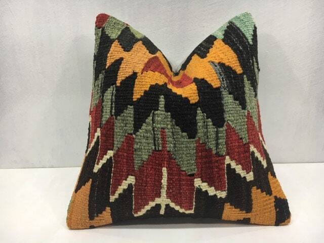 Handwoven Kilim Pillow Cover, Vintage Turkish Rug, Rustic Home Decor - 16x16 Inch - image 1