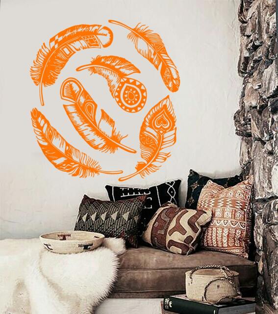 Wall Vinyl Decal Feathers Dream Catcher Symbolic Snare Abstract Modern Ethnic Ornaments Home Art Decor - #1158Dz - image 1