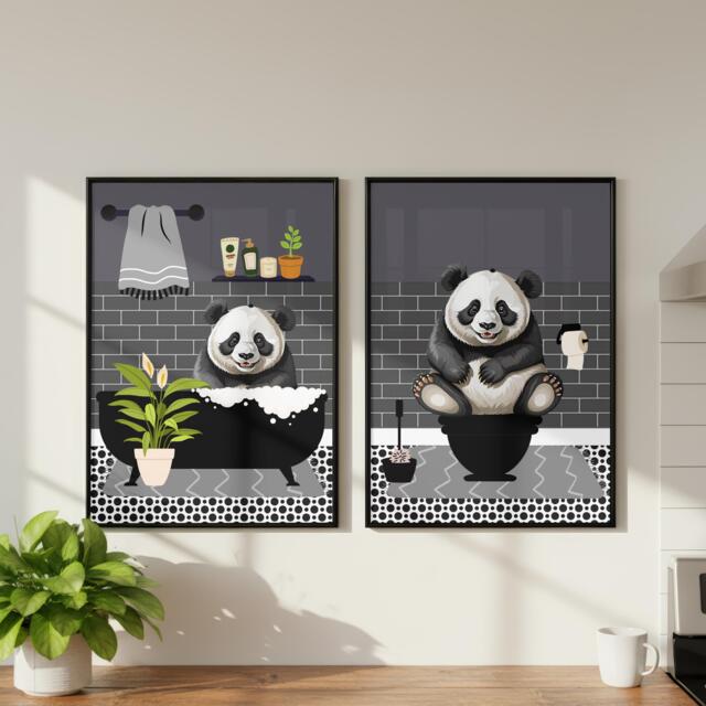 Panda Bathroom Prints, Bath & Toilet Art, Set Of Two Grey Prints by ...