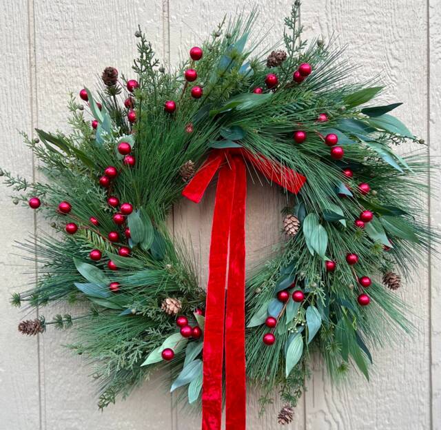 Evergreen Christmas Wreath Faux Pine, Red Berries & Velvet Bow - image 1