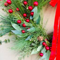 Evergreen Christmas Wreath Faux Pine, Red Berries & Velvet Bow - thumbnail 3