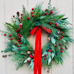 Evergreen Christmas Wreath Faux Pine, Red Berries & Velvet Bow - thumbnail 2