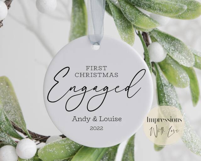 First Christmas Engaged, Personalised Ceramic Ornament, Engagement Gift, Tree Bauble, Keepsake Decoration
