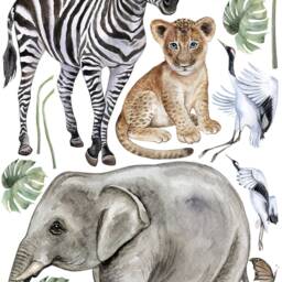 Watercolor Safari Animals Wall Decal, Peel & Stick Jungle Nursery Decor, Removable Kids Room Art, Elephant Lion Giraffe Stickers - thumbnail 2