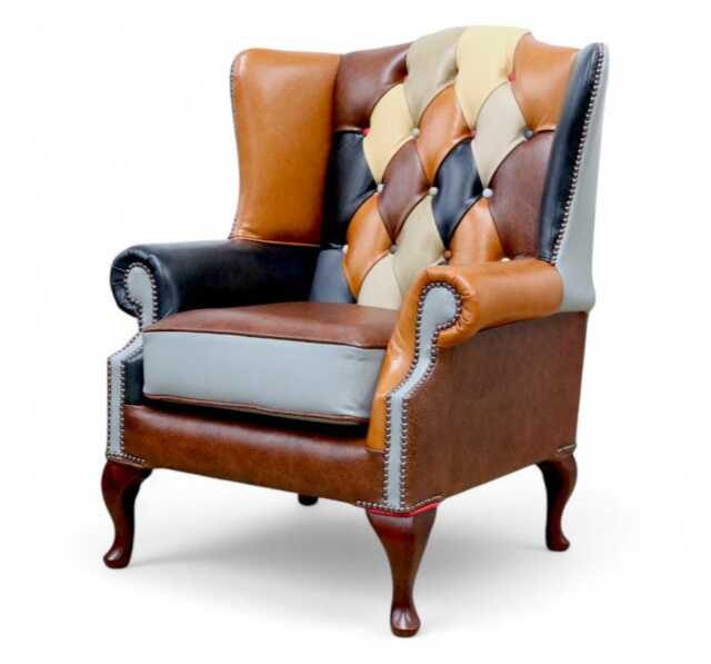 Handmade Patchwork Leather Queen Anne Chair - Chesterfield Style - image 1