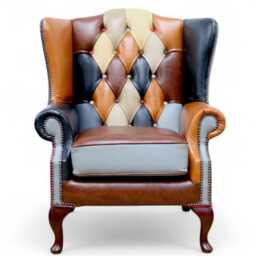 Handmade Patchwork Leather Queen Anne Chair - Chesterfield Style - thumbnail 2