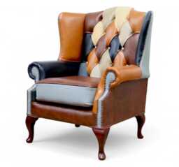 Handmade Patchwork Leather Queen Anne Chair - Chesterfield Style - thumbnail 1