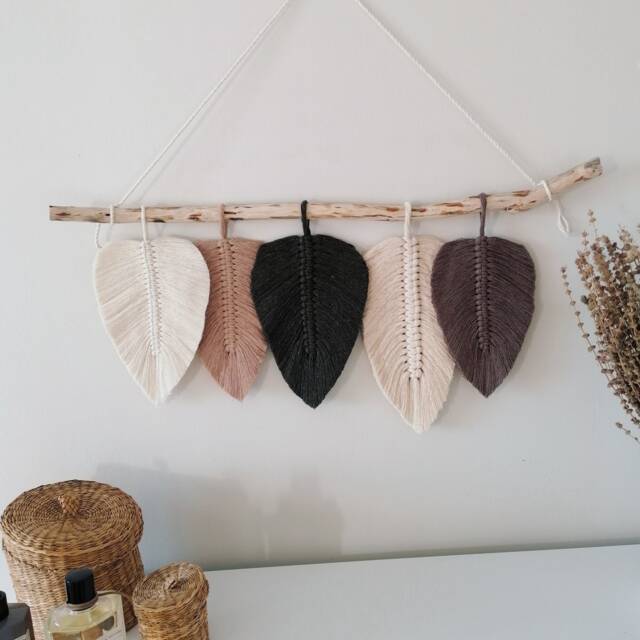 Latte Bronze Macrame Leaf Wall Hanging - Macram?? in Boho Style L Decor For Bedroom Above Bed Art Gift Home - image 1