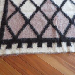 Handwoven Wool Rug Beige White Geometric Throw, Scandinavian Decor - 210x185cm - thumbnail 2