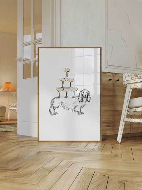 Dachshund & Champagne Art Print Wall For Dog Lover - image 1