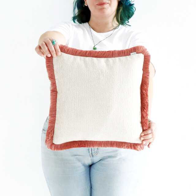 Rose Pink Handmade Cushion Cover Only With Cotton Fringe - image 1