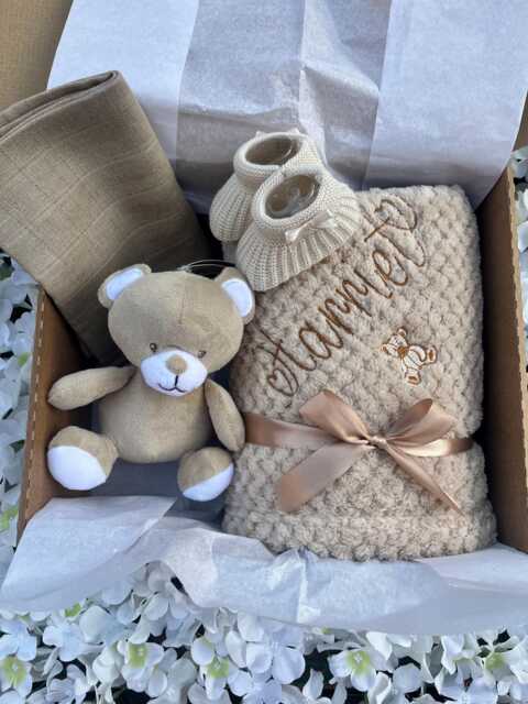 Personalised Baby Blanket Gift Set Box Teddy Bear Shower Newborn Gift Muslin Toy